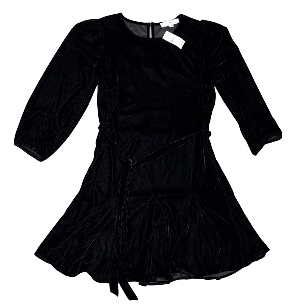 LOFT Velvet Flare Dress Women Size S‎ Black NEW 753506 Balloon Sleeve Belted LBD